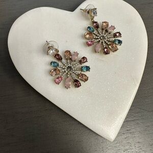 Crystal, rainbow/multi color drop earrings, unique flower or sunburst design
